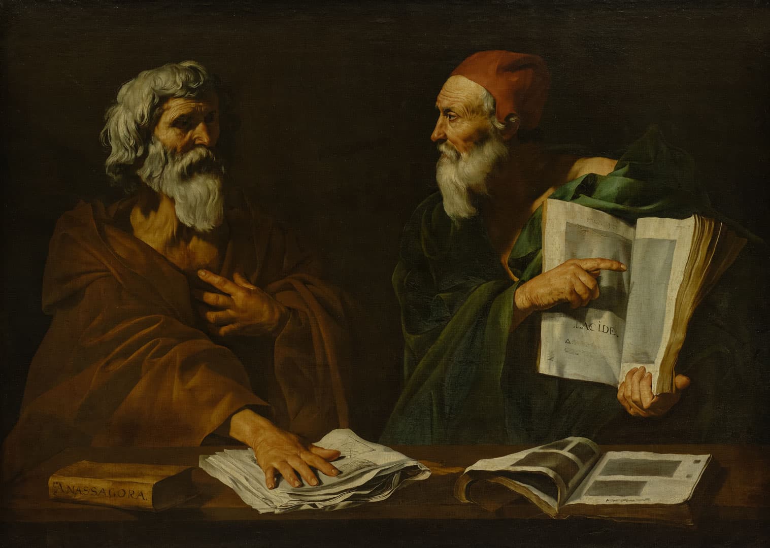 Two philosophers discussing an open book, painted by Jusepe de Ribera